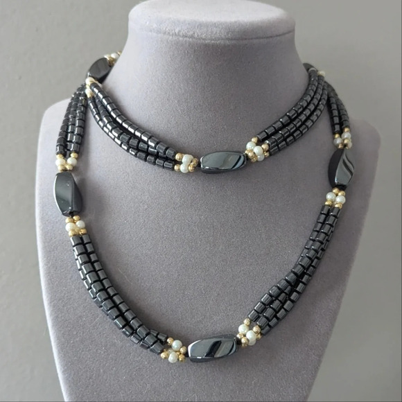 Jewelry - Hematite Multi-Strand Beaded Necklace- Heavy black long Necklace- pearl beads